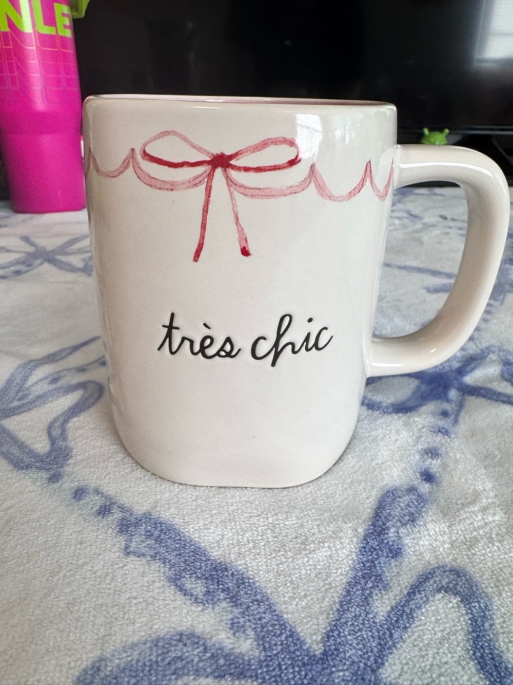 🌟 Rae Dunn White Ceramic Mug with Pink Bow Accent